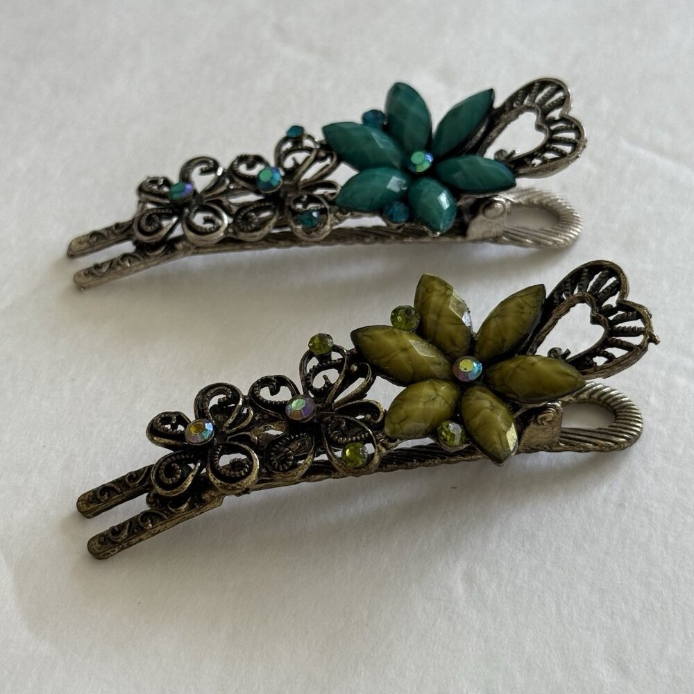 Vintage Flower Hair Clip Clamp Filigree Hair Decor 3" Metal Stone Set of 2 - Picture 2 of 6
